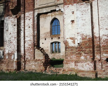 Destroyed Lutheran Church Of 19th Century Against Blue Sky In Former Canton Of Schaefer In Saratov Region. Outdoor.