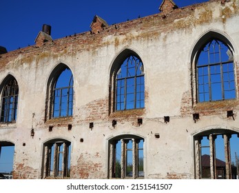 Destroyed Lutheran Church Of 19th Century Against Blue Sky In Former Canton Of Schaefer In Saratov Region. Outdoor.