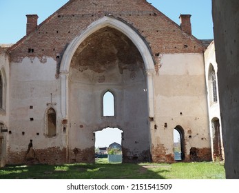 Destroyed Lutheran Church Of 19th Century Against Blue Sky In Former Canton Of Schaefer In Saratov Region. Outdoor.