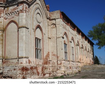 Destroyed Lutheran Church Of 19th Century Against Blue Sky In Former Canton Of Schaefer In Saratov Region. Outdoor.