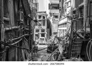 Destroyed neighbourhood in Gemmayzeh area, Beirut, Lebanon following the port explosion on the 4th of August 2020