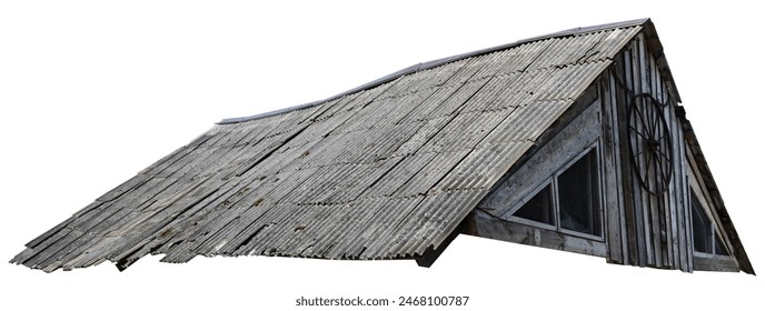 Destroyed slate roof of an old wooden rustic barn. Isolated on white - Powered by Shutterstock