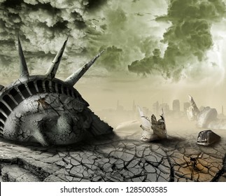 Destroyed statue of liberty after the end of the world.