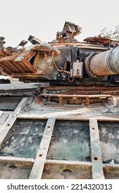 Destroyed Tank T 72 In The War Of Russia Against Ukraine Front View, 2022