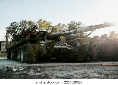 Destroyed Tank T 72 In The War Of Russia Against Ukraine Front View, 2022