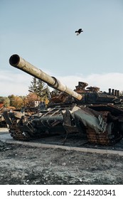 Destroyed Tank T 72 In The War Of Russia Against Ukraine Front View, 2022