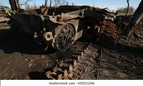 A Destroyed Tank In The War In The Donbas. 