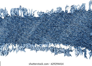 Destroyed Torn Denim Blue Jeans Frayed Flap Patch Fabric Isolated On White Background