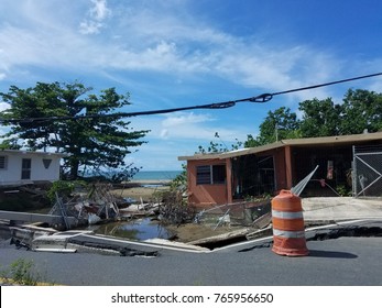destruction and damaged buildings from hurricane Maria in Puerto Rico