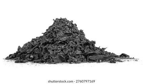 Destruction of documents - ashes from burning paper. Pile of charred paper scraps isolated on a white background.