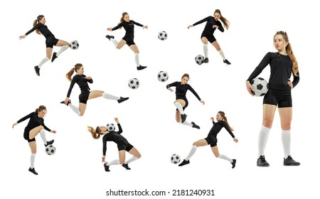 Destruction of gender stereotypes. Collage made of shots of female soccer player with ball in motion, action isolated on white background. Attack, defense, fight, kick. Woman in black football kit - Powered by Shutterstock