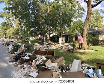 Destruction from Hurricane Harvey. Clean up of flooded homes in Spring, Texas. Greater Houston area.