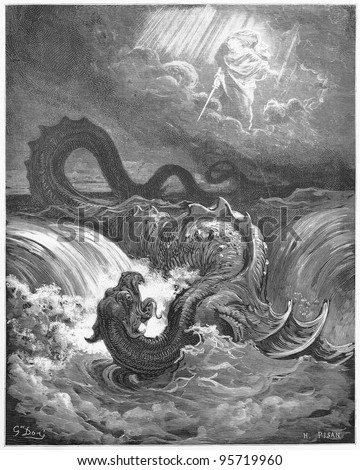 The Destruction of Leviathan - Picture from The Holy Scriptures, Old and New Testaments books collection published in 1885, Stuttgart-Germany. Drawings by Gustave Dore.