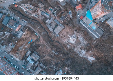 destruction of old buildings and structures. development for new housing. drone photo