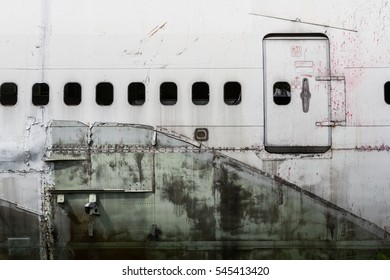 Detail Of Abandoned Airplane Cabin, Old Crashed Aircraft, Plane Wreck In Graveyard
