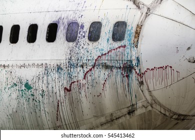 Detail Of Abandoned Airplane With Graffiti And Paint Drips, Old Crashed Aircraft, Plane Wreck In Graveyard
