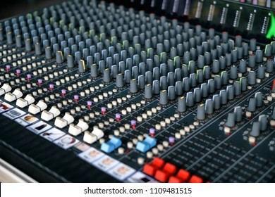 Detail With Adjusting Knobs On A Professional Audio Mixer And Music Equipment For Sound Mixer Control, Electronic Device