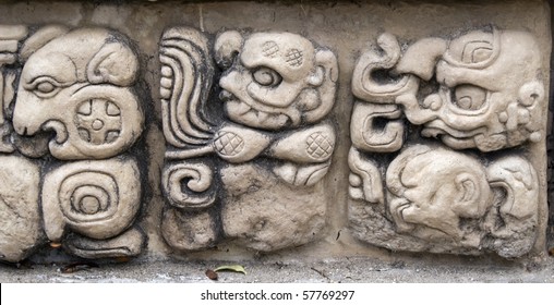 Detail Of Ancient Mayan Gods And Demons At Copan, Honduras.