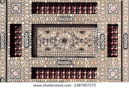 Detail of ancient mosaic window shutter with mother-of-pearl and wood ornaments. Horizontal or vertical background with traditional moroccan tile decoration