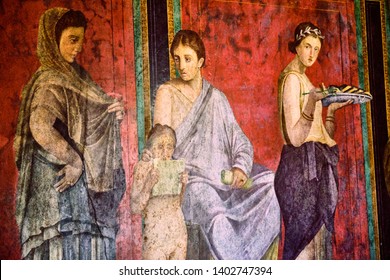 Detail Of The Ancient Painting In The Villa Of The Mysteries In Pompeii.