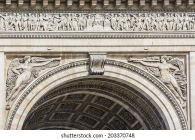 Detail of Arc de Triomphe de l'Etoile - one of most famous monuments in Paris. Arc de Triomphe (1836) was built by architect Jean Shalgrenom by order of Napoleon to commemorate victories of his Army.
