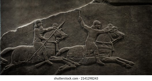 Detail Assyrian Relief Sculpture Panel Of Ashurnasirpal Hunting Lions British Museum London, England, Relief Showing Hunting And Customs In Assyrian Culture 