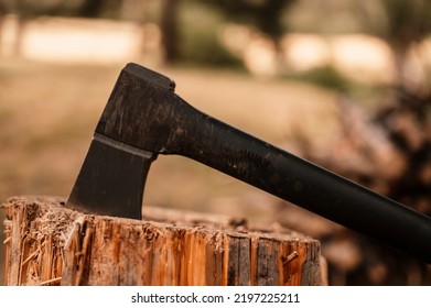 Detail Of Axe. Chops Tree In Wood With Sharp Ax