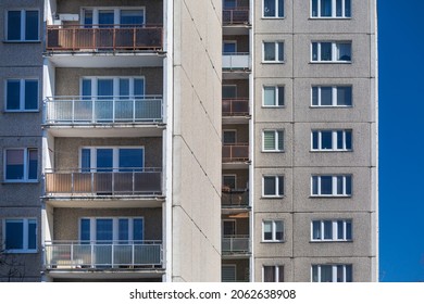 Detail of balconies in a block of flats. A house built with prefabricated concrete panels