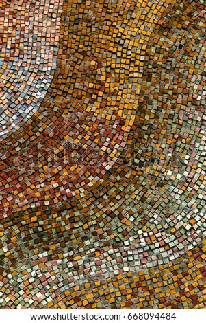 Detail of beautiful old collapsing abstract ceramic mosaic adorned building. Venetian mosaic as decorative background. Selective focus. Abstract Mosaic Pattern. Abstract mosaic colored  ceramic stones