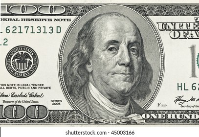 Detail Of Ben Franklin On The 100 Dollar Bill