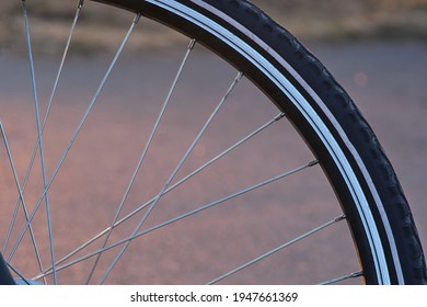 Detail Of Bicycle Wheel, Spokes, And Tire, Close Up