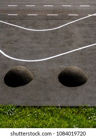 Detail Of Black Running Track And Of Obstacle Course For Wheelchair Users At Day.