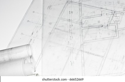 Detail of building project, architecture plans rolled, all isolated