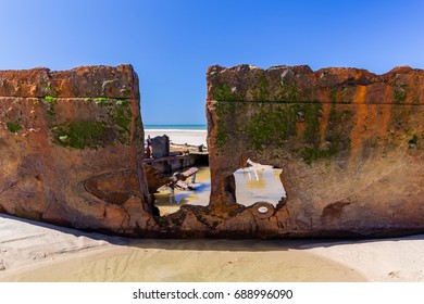 Detail Of Cantabria Shipwreck On Lacanau Beach, French Atlantic Coast