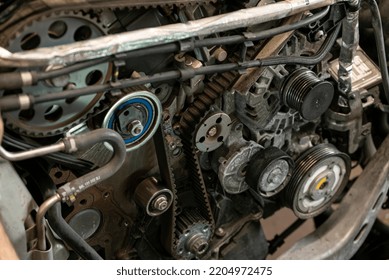 Detail Of Car Engine Timing Belt In A Workshop