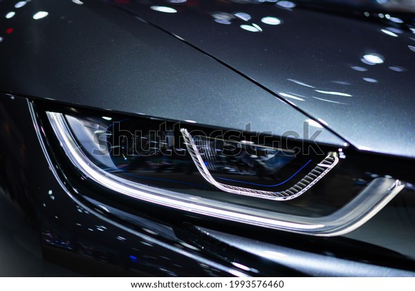 Detail of car LED\
headlights lamp of new\
cars