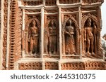 Detail of carved rekha style facade of the 19th century Prataspeswar terracotta temple, built in 1849, Kalna temple complex, West Bengal, India, Asia