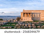 Detail of Caryatid Porch on the Acropolis in Athens, Greece. Ancient Erechtheion or Erechtheum temple. World famous landmark at the Acropolis Hill