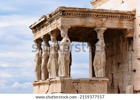 Detail of Caryatid Porch on the Acropolis in Athens, Greece. Ancient Erechtheion or Erechtheum temple. World famous landmark at the Acropolis Hill