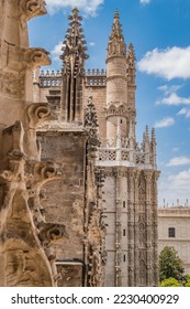 Detail of the Cathedral of Seville in the Gothic style with tracery ornaments and gargoyles, SPAIN - Shutterstock ID 2230400929