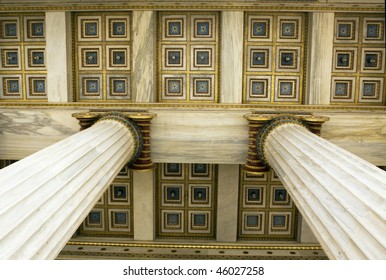 Detail of ceiling and ionic columns in Academy of Arts of Athens, Greece.