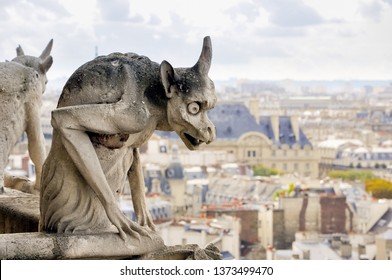 Detail Of A Chimera Sculpture (often Confused With A Gargoyle), In Notre-Dame Cathedral, In Paris, France