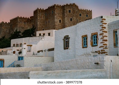 Detail from Chora with the monastery at dusk, in Patmos island, Greece