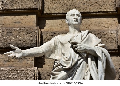 Detail of Cicero marble statue in front of Rome Old Palace of Justice. The great orator of Ancient Rome.