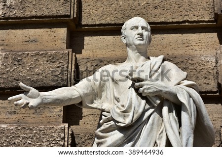 Detail of Cicero marble statue in front of Rome Old Palace of Justice. The great orator of Ancient Rome.