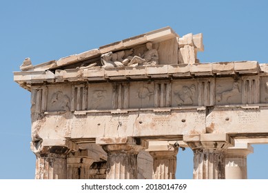 Detail Of Classical Greek Architecture, Doric Columns And Frieze, From The Acropolis Of Athens, Greece