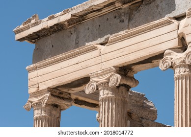 Detail Of Classical Greek Architecture, Ionic Columns And Cornice, Acropolis, Athens