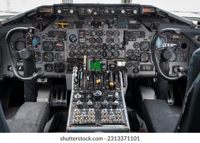 detail of the cockpit and cockpit of a large commercial aircraft Douglas DC-9 - Powered by Shutterstock