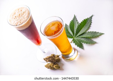 Detail Of Cold Glasses Of Beer With Cannabis Leaf And Nugs Isolated Over White, Marijuana Infused Beverage Concept