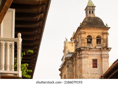 
Detail Of A Colonial House. Typical Balcony. Spanish Colonial Home.  Cathedral. Historical Center. Cartagena De Indias, Colombia.